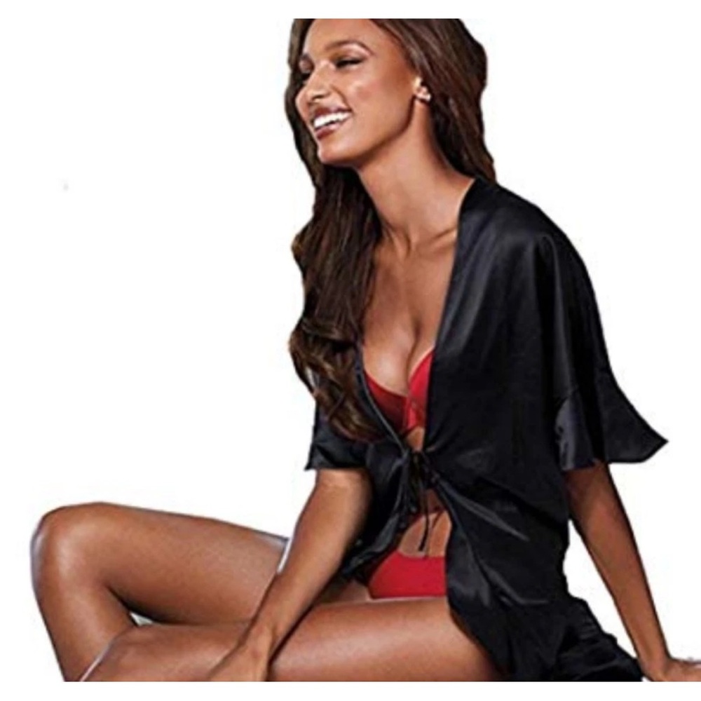 Victoria's Secret Black Satin Flutter Sleeve Tie Front Short Kimono Robe Ruffle